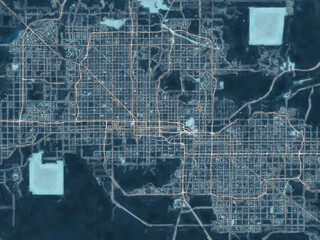 Painterly Style City Map of Phoenix Arizona, USA in a Blue Color Scheme.