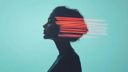 captivating double exposure image featuring persons silhouette against vibrant turquoise background, enhanced by dynamic neon light streaks. interplay of light and shadow evokes sense of movement and © Chaiwit