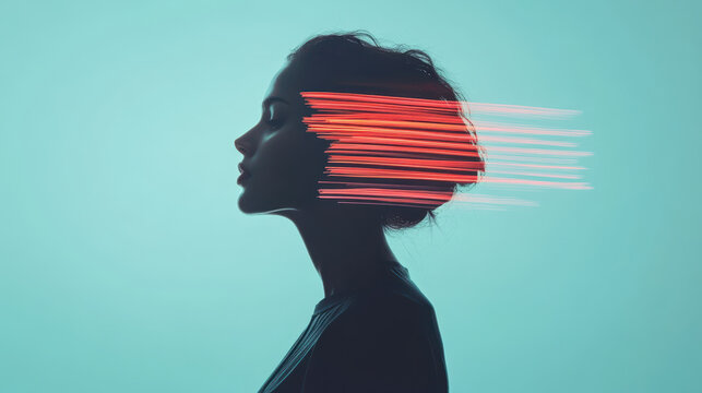 captivating double exposure image featuring persons silhouette against vibrant turquoise background, enhanced by dynamic neon light streaks. interplay of light and shadow evokes sense of movement and