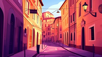 Obraz premium A narrow cobblestone street winds through a picturesque European city, lined with colorful buildings and charming details. The warm sunlight casts long shadows on the pavement.
