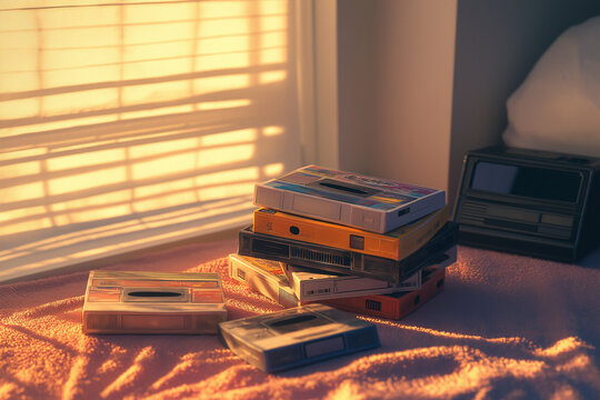 Colorful Stack of Classic 90s Music Cassette Tapes Featuring Iconic Album Covers from Nirvana, Spice Girls, Pearl Jam, and TLC Scattered on a Bedroom Floor Next to a Retro Walkman. 