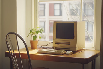 Fototapeta premium Minimalist Home Office Featuring a Beige Blocky Computer on a Simple Wooden Desk. Clean and Organized with Floppy Disks and Wired Mouse Beside the Keyboard. Soft Natural Lighting and a Small Houseplan