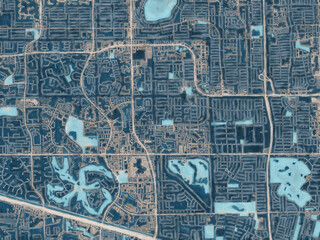 Painterly Style City Map of Plantation  Florida, USA in a Blue Color Scheme.