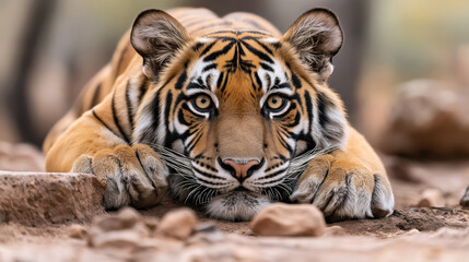 Fototapeta premium Close-up of a Bengal tiger lying on the ground with an intense gaze, displaying its distinctive orange fur with black stripes and large paws in a natural habitat.