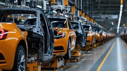 Automobile assembly line with multiple cars in a factory setting, showing the production process and machinery used for manufacturing vehicles.