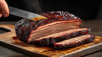 Succulent smoked brisket slices on a wooden board, perfect for BBQ lovers and culinary photography enthusiasts.