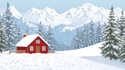 Fototapeta premium A red cabin with a snowy roof sits in a snowy field with mountains in the distance.