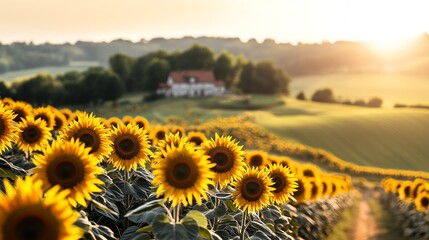 Fototapeta premium Sunflower field at sunrise with a farmhouse in the background, capturing the peaceful beauty of rural life and nature's tranquility.