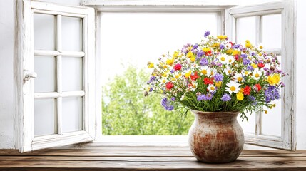 Fototapeta premium A rustic vase with wild flowers sits on a windowsill, with the window open and a blurry view of greenery outside.