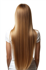 Obraz premium Girl from the back with perfect straight long healthy and shiny blonde hair suitable for advertising hair care products on a white background.