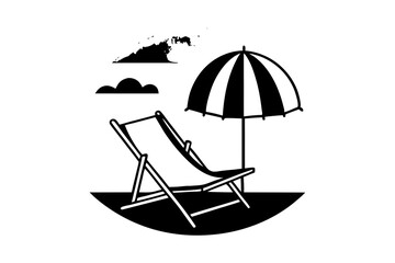 Beach chair silhouette with palm tree on white background. vector illustration.