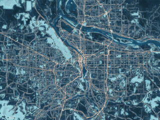 Painterly Style City Map of Portland Oregon, USA in a Blue Color Scheme.