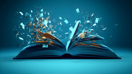 An open book bursting with colorful fragments, symbolizing creativity.