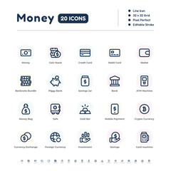 Money Icon Set – Line Icons with Editable Stroke, 32x32 Pixel Perfect Vector