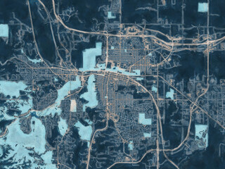 Painterly Style City Map of Rapid City South Dakota, USA in a Blue Color Scheme.