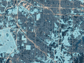 Painterly Style City Map of Raytown Missouri, USA in a Blue Color Scheme.