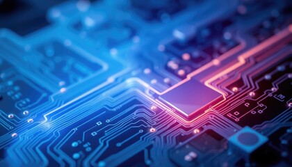 Obraz premium Dark blue circuit board with pulsing energy flows and glowing lines, representing the internal workings of high-tech digital systems. AI-generated