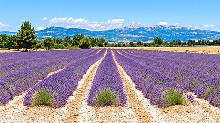 Obraz premium A vast field of blooming lavender plants in rows, with mountains in the background.