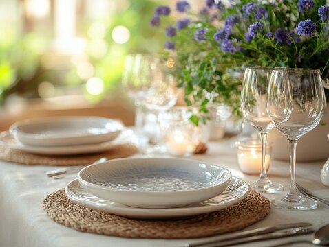 Table set with plates and glasses and flowers, formal dinner party