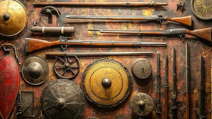 A collection of antique weapons and shields displayed on a rustic surface, showcasing historical craftsmanship and design.
