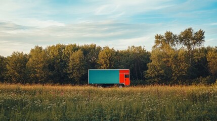 A colorful truck nestled among trees in a wide, open, minimalist field, a calm sky stretching out above.