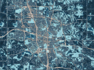 Painterly Style City Map of Rochester Minnesota, USA in a Blue Color Scheme.