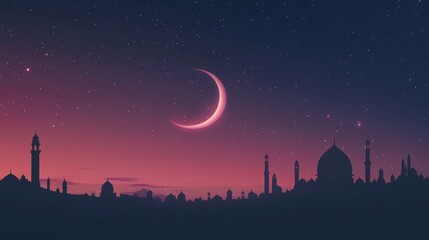 Enchanting Twilight: Crescent Moon Over Majestic Skyline