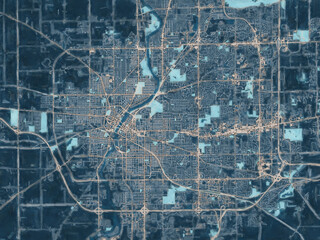 Painterly Style City Map of Rockford Illinois, USA in a Blue Color Scheme.