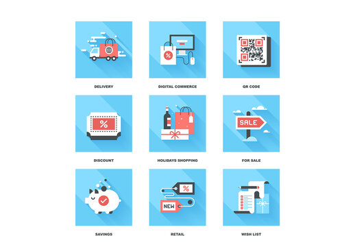 Vector set of flat shopping and commerce icons. Icon pack includes following themes - delivery, ecommerce, QR code, discount, holidays shopping, for sale, savings, new product, wish list