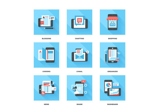 Abstract vector set of flat and colorful mobile applications and services icons.