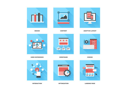 Vector set of flat web development icons on following themes - design, content, adaptive layout, user experience, wireframe, coding, interaction, optimization, landing page