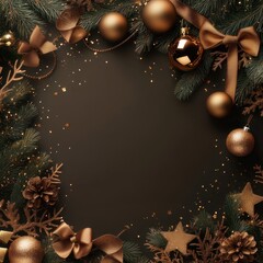 Christmas frame with bronze balls, branches and bows on a brown background with copy space