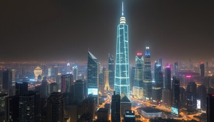 Obraz premium AI-driven city with glowing skyscrapers and holographic ads, showcasing the futuristic urban landscape powered by artificial intelligence technologies. AI-generated