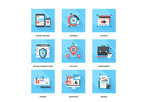 Vector set of flat banking and finance icons on following themes - online control, revenue, account, secure transactions, affiliate, management, cheque, statistics, budget