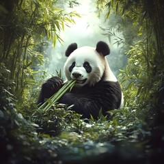 Fototapeta premium A playful panda sits in a lush bamboo forest, enjoying a snack of fresh bamboo stalks.