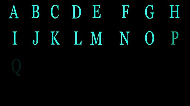 aquamarine color text Animated abstraction moving letters creating visual language on black background. alphabet a to z.