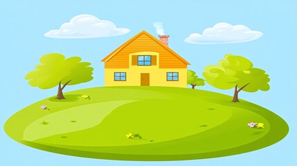 Naklejka premium A yellow house with a brown roof sits atop a green hill with two trees on either side.