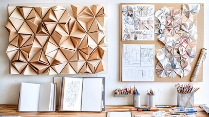 Fototapeta premium A workspace with a wooden wall art piece, paper sketches, and art supplies on a wooden desk.