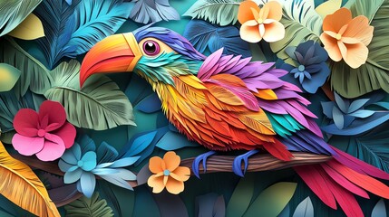 Obraz premium Paper cut tropical birds with vibrant, layered feathers for a lively wall decoration, paper cut birds, colorful nature design