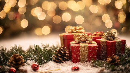 Merry christmas and new year holidays background. Blurred bokeh background with light bulbs and Christmas tree branches. Banner.	