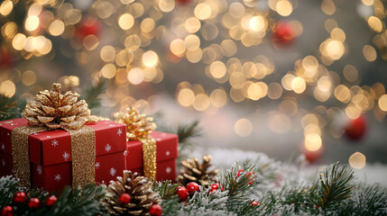 Obraz premium Merry christmas and new year holidays background. Blurred bokeh background with light bulbs and Christmas tree branches. Banner. 