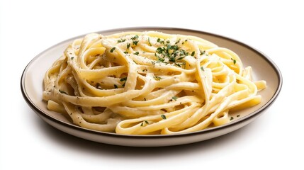 A beautifully styled plate of fettuccine Alfredo, rich in creamy sauce and sprinkled with fresh herbs, isolated on a white background to highlight the inviting colors and textures of the dish.