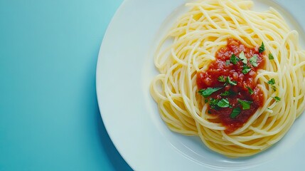 A beautifully styled plate of fresh pasta topped with sauce and herbs, set against a bright backdrop with plenty of blank space for branding or advertising.