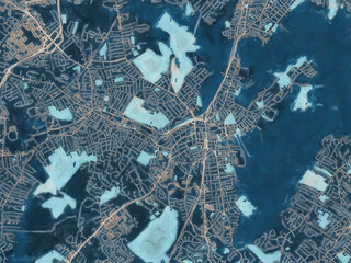 Painterly Style City Map of Salem Massachusetts, USA in a Blue Color Scheme.