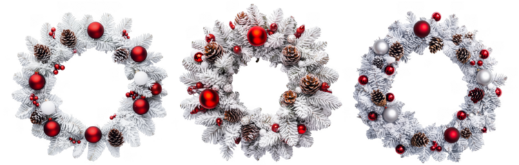 Set of white snowy Christmas wreaths with red christmas tree toys and pine cones isolated on the background. New year wreath clipart on a transparent background. Generative AI.