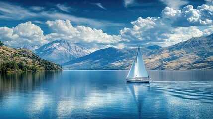 Naklejka premium A breathtaking image of a sailboat gracefully navigating a calm blue lake, set against a backdrop of rugged mountains and bright blue skies, epitomizing the tranquility of nature.