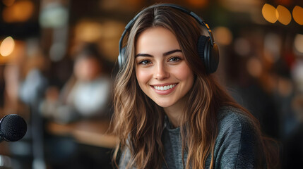 Smiling young woman with headphones in a lively café setting.