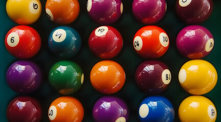 Top view of colorful billiard balls arranged in a grid pattern