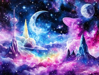 Fototapeta premium Vibrant fantasy space scene showcasing colorful nebulae, mystical planets, and surreal cosmic structures amidst a star-filled universe.