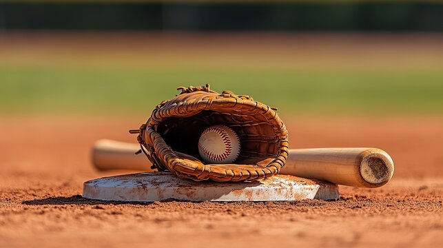  Baseball Glove with Ball and Wooden Bat Resting on a Base in a Reddish-Brown Field, Highlighting Essential Game Equipment